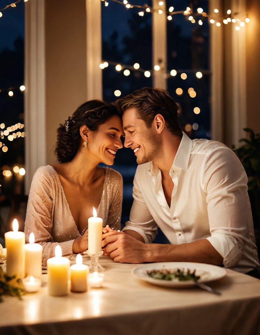 A warm, intimate scene featuring a couple playfully flirting over a candlelit dinner, with shimmering fairy lights in the background. The couple is smiling, surrounded by soft, romantic colors that evoke passion. Emphasize their close body language and glances filled with desire. The setting includes a touch of elegance, with a beautifully set table and romantic decorations. super-realistic. warm colors. soft focus.