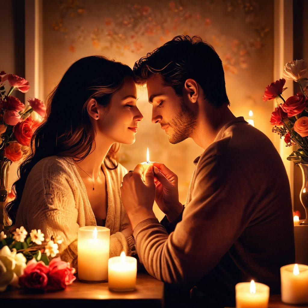 A romantic scene depicting a couple sharing a heartfelt moment in a cozy setting, surrounded by soft candlelight and blooming flowers, with symbols of love like hearts and intertwined hands in the background. Include a warm color palette to evoke intimacy and connection. super-realistic. vibrant colors. soft focus.