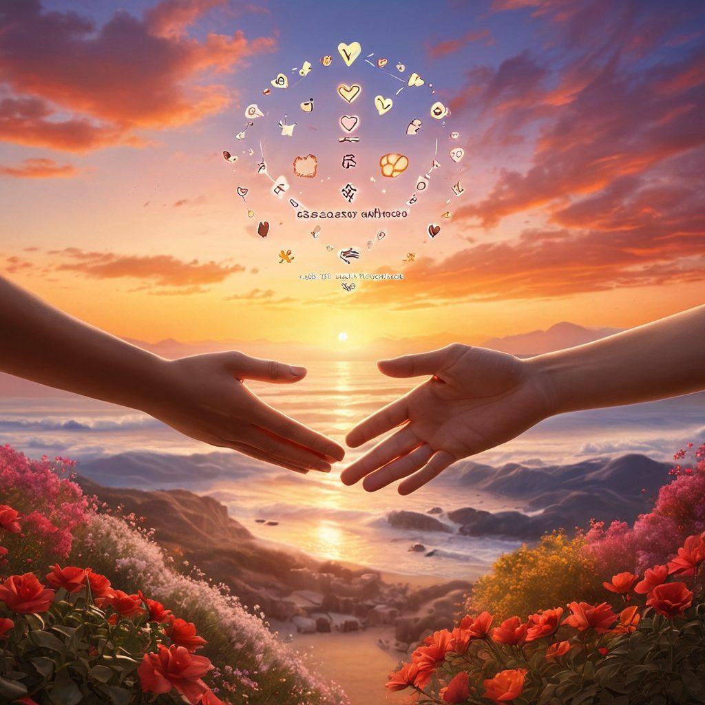 A warm and inviting scene depicting two hands reaching toward each other, surrounded by symbols of different love languages, such as words, gifts, acts of service, quality time, and physical touch. Soft, glowing hearts float in the air, creating an atmosphere of warmth and connection. A serene background with a sunset effect enhances the emotional depth of the image. super-realistic. soft colors. calming atmosphere.